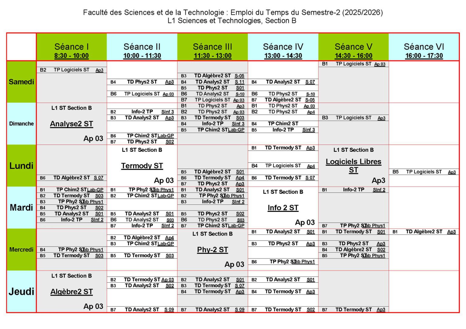 Emplois du temps des étudiants de première année Sciences et ...