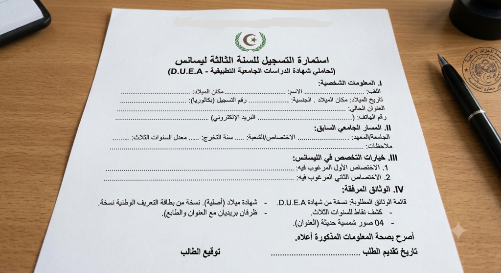 استمارة التسجيل في السنة الثالثة ليسانس (لحاملي شهادةالدراسات الجامعية التطبيقية)