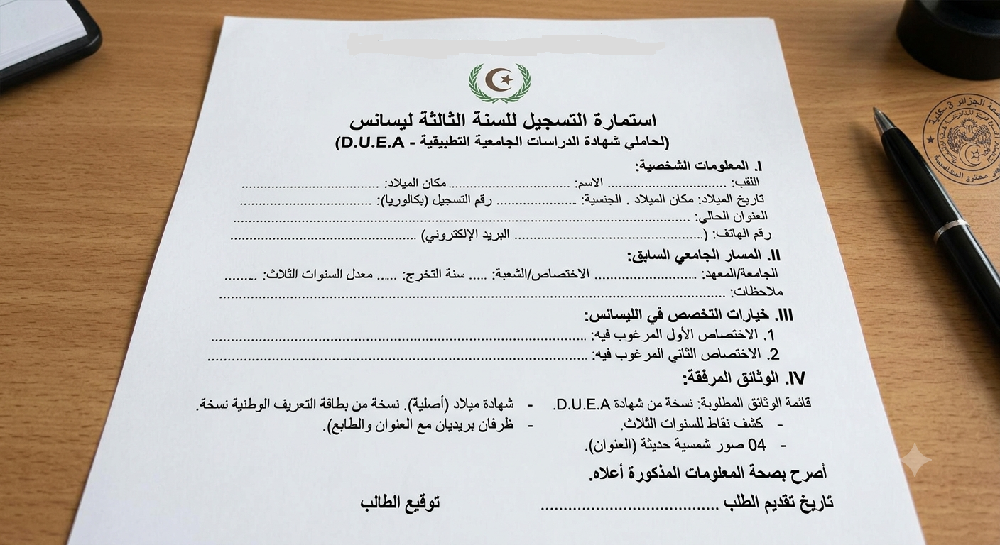 استمارة التسجيل في السنة الثالثة ليسانس (لحاملي شهادةالدراسات الجامعية التطبيقية)